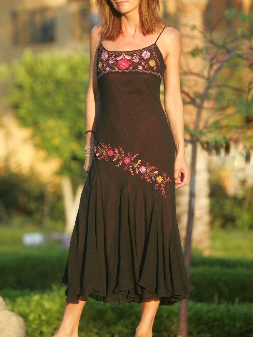 Vintage 90s Betsey Johnson silk slip midi dress black pink floral embroidery 4 - Picture 2 of 8